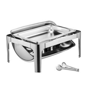 Roll Top Chafing Dish Buffet Complete Set, 9 Qt 1 Pack Stainless Steel Chafer with 2 Half Size Pans, Rectangle Catering Warmer Server with Visible Li