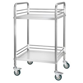 Stainless Steel Cart, 2-Tier Rolling Lab Utility Cart with Lockable Wheels, Medical Serving Trolley Clinic Tray, Heavy Duty Mobile Service Storage Tr