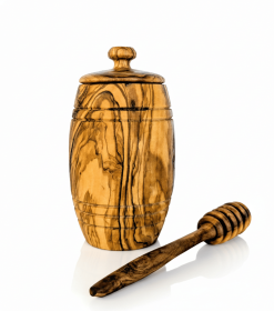 Authentic Olive Wood Honey Pot with Wooden Dipper Set - Hand-Carved Elegant Kitchen Storage Jar and Decorative Honey Dispenser, Perfect Housewarming