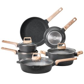 17 Piece Pots and Pans Set Nonstick, Granite Cookware Set, Induction Cookwares, Kitchen RV Cooking Sets with Frying, Sauce, Saute, Tempered Glass Lid